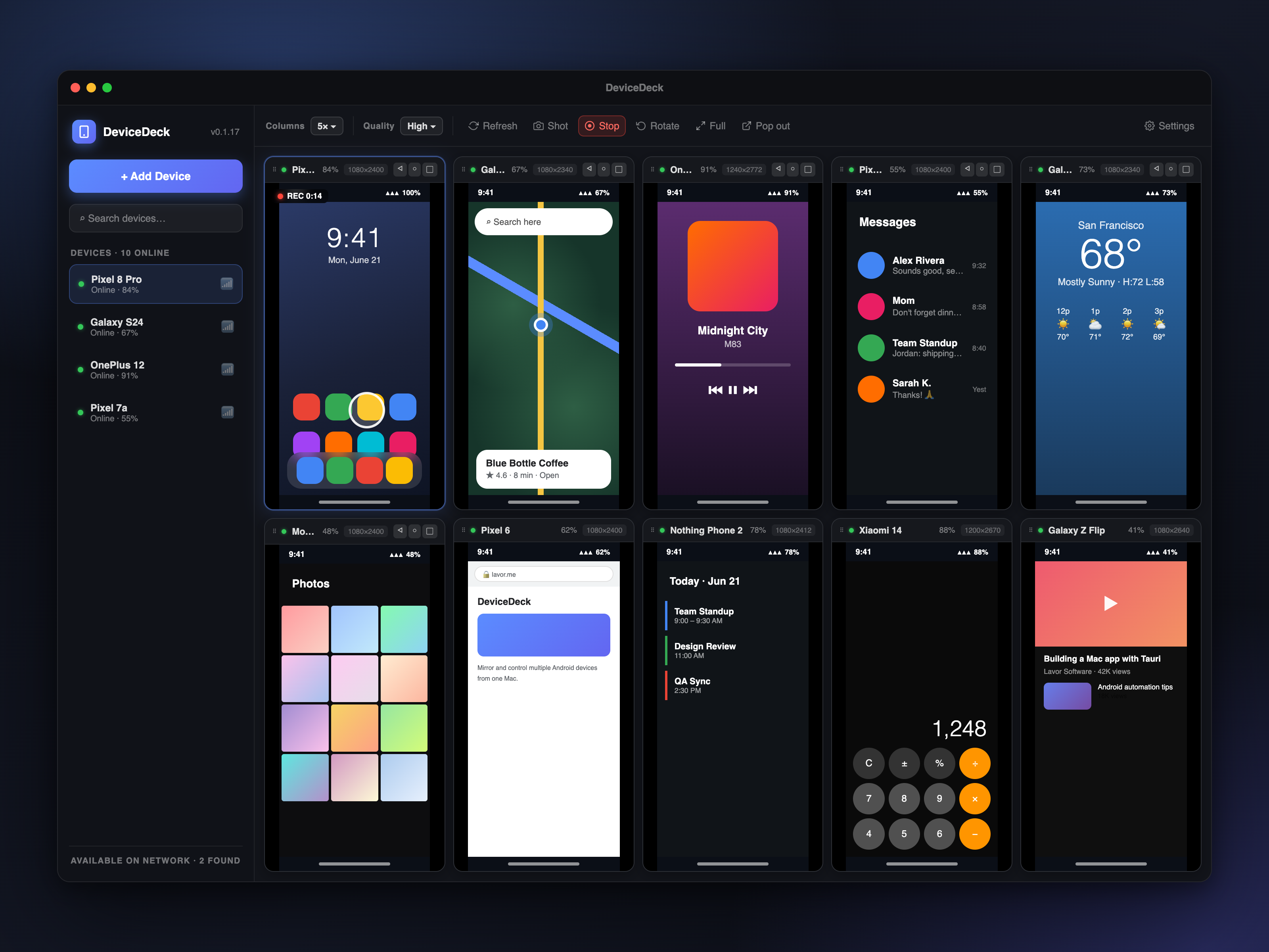 DeviceDeck showing ten Android devices mirrored at once on a Mac